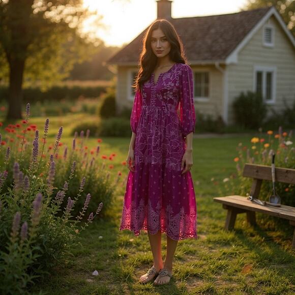 Johnny Was Gracie Hopscotch Embroidered Midi Dress Rumba Red Size L - Picture 1 of 12
